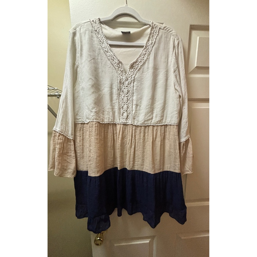 Calstyle Women XL Colorblock Crochet Lace Tiered Tunic Bell Sleeve Top Boho